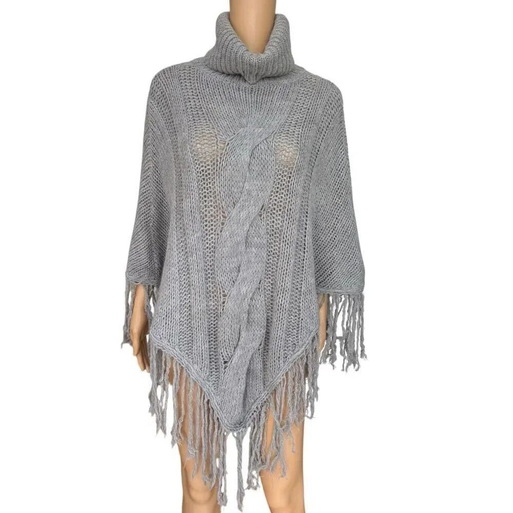 Graziella Nebbia Italian Sweater grey Poncho ONE SIZE  Wool & Alpaca Turtleneck